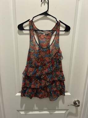 Eliot 100% Silk Floral Ruffled Racerback Tank Top Size S